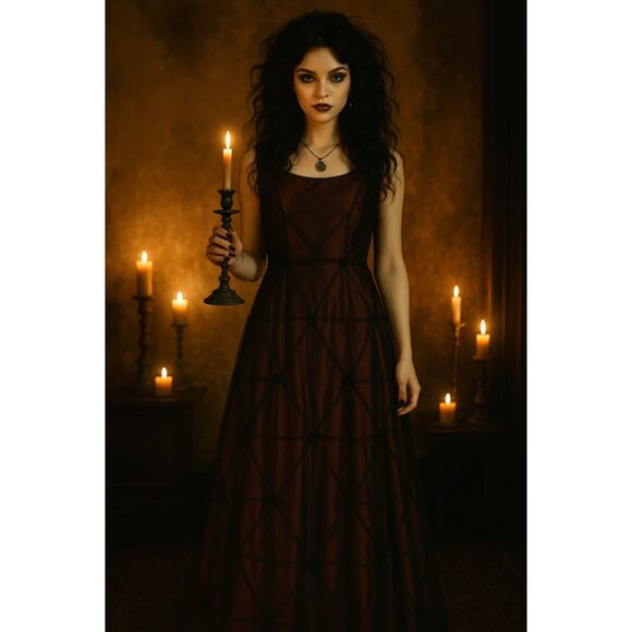 VTG Rickie Freeman Evening Gown Black Red Mesh Overlay Vamp Whimsigoth Gothic 8 - Picture 4 of 15